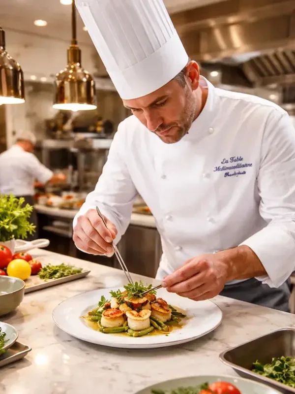 Le chef Marc Villeneuve en action dans les cuisines — dressage d'une assiette gastronomique