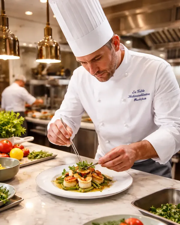 Chef préparant un plat gastronomique dans la cuisine de La Table Méditerranéenne
