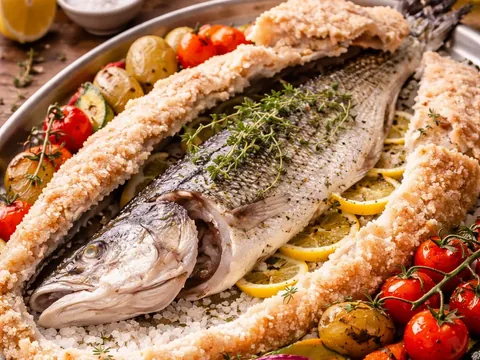 Loup de mer en croûte de sel et légumes du Var rôtis au thym
