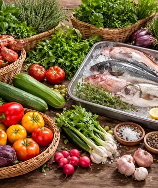 Produits frais locaux : légumes du Var, herbes aromatiques et poissons de pêche locale